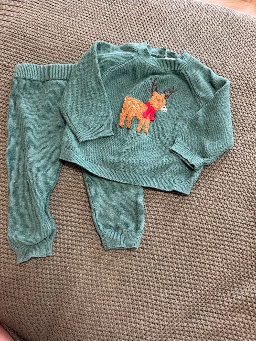 Little Me Green Knit Baby Set with Reindeer Motif 9 Months